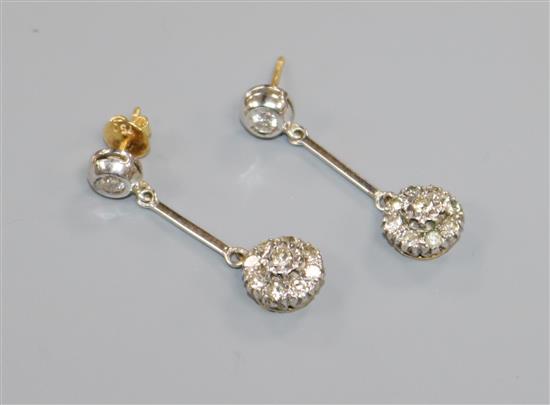 A pair of 18ct gold and diamond cluster drop earrings, 32mm.